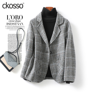 毛呢小西装女外套短款修身千鸟格2026春秋新款双面羊毛大衣小个子