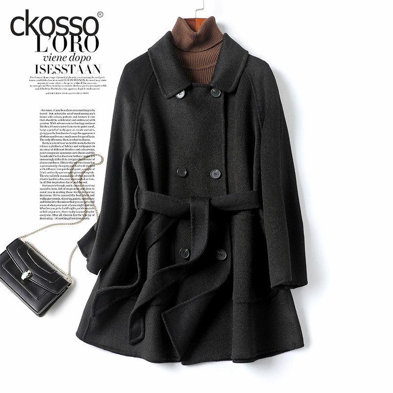 毛呢外套女中长款系带收腰黑色双面呢秋冬新款高级感羊毛大衣女士
