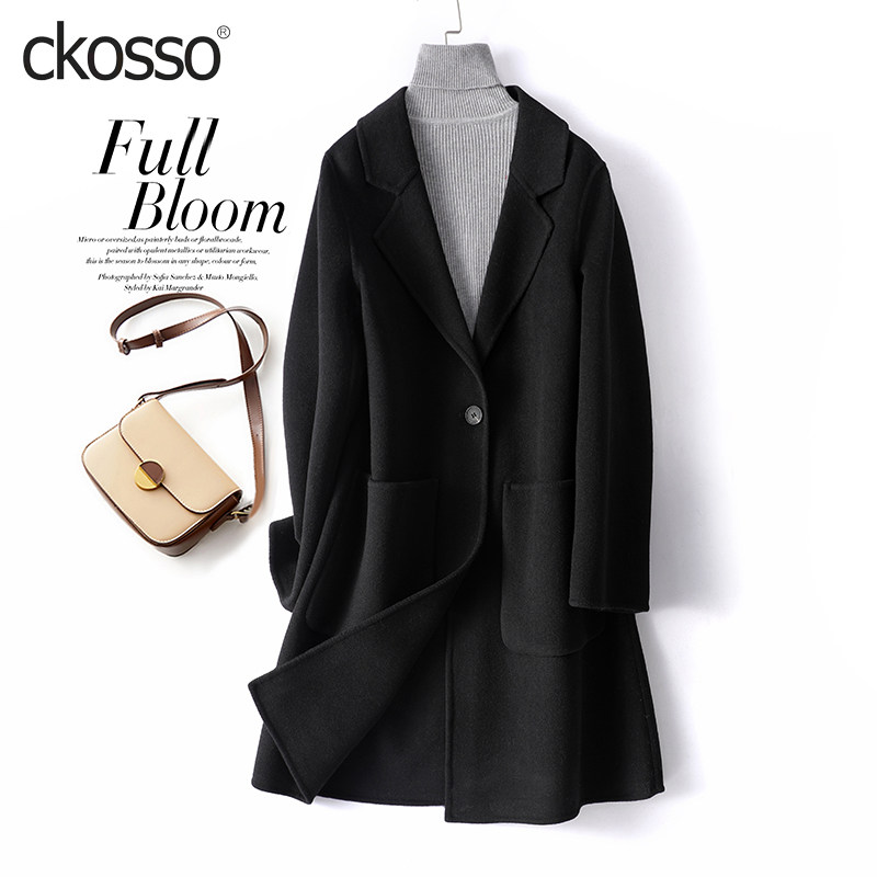 双面羊毛大衣女中长款黑色西装领呢子秋冬新款轻奢气质羊毛呢外套