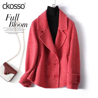 毛呢外套女短款西装领双排扣红格子双面呢子秋冬新款轻奢羊毛大衣