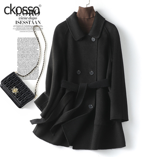 双面羊毛大衣女中长款系带黑色韩版时尚秋冬新款高级感毛呢外套女