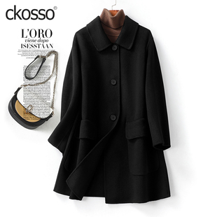 羊毛呢外套 春秋新款 双面羊毛大衣女中长款 翻领黑色轻奢气质加大码
