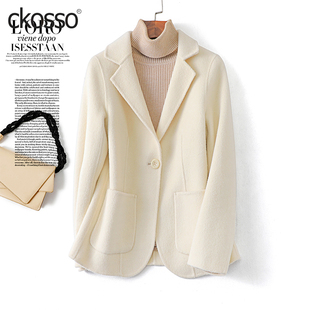 双面羊毛大衣女修身气质羊毛呢秋冬新款白色小香风西装外套小个子