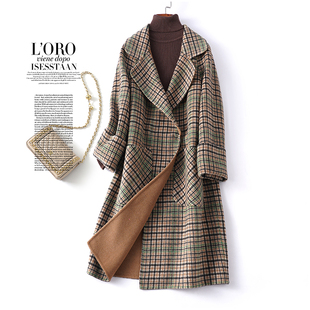 羊毛大衣女中长款西装领格子韩版双面呢子秋冬新款轻奢羊毛呢外套