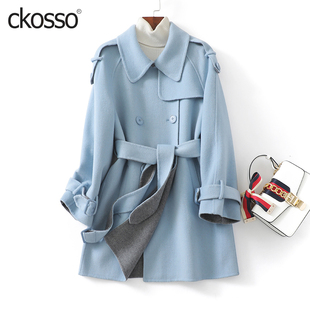 双面羊毛大衣女中长款系带收腰减龄小个子秋冬新款轻奢羊毛呢外套