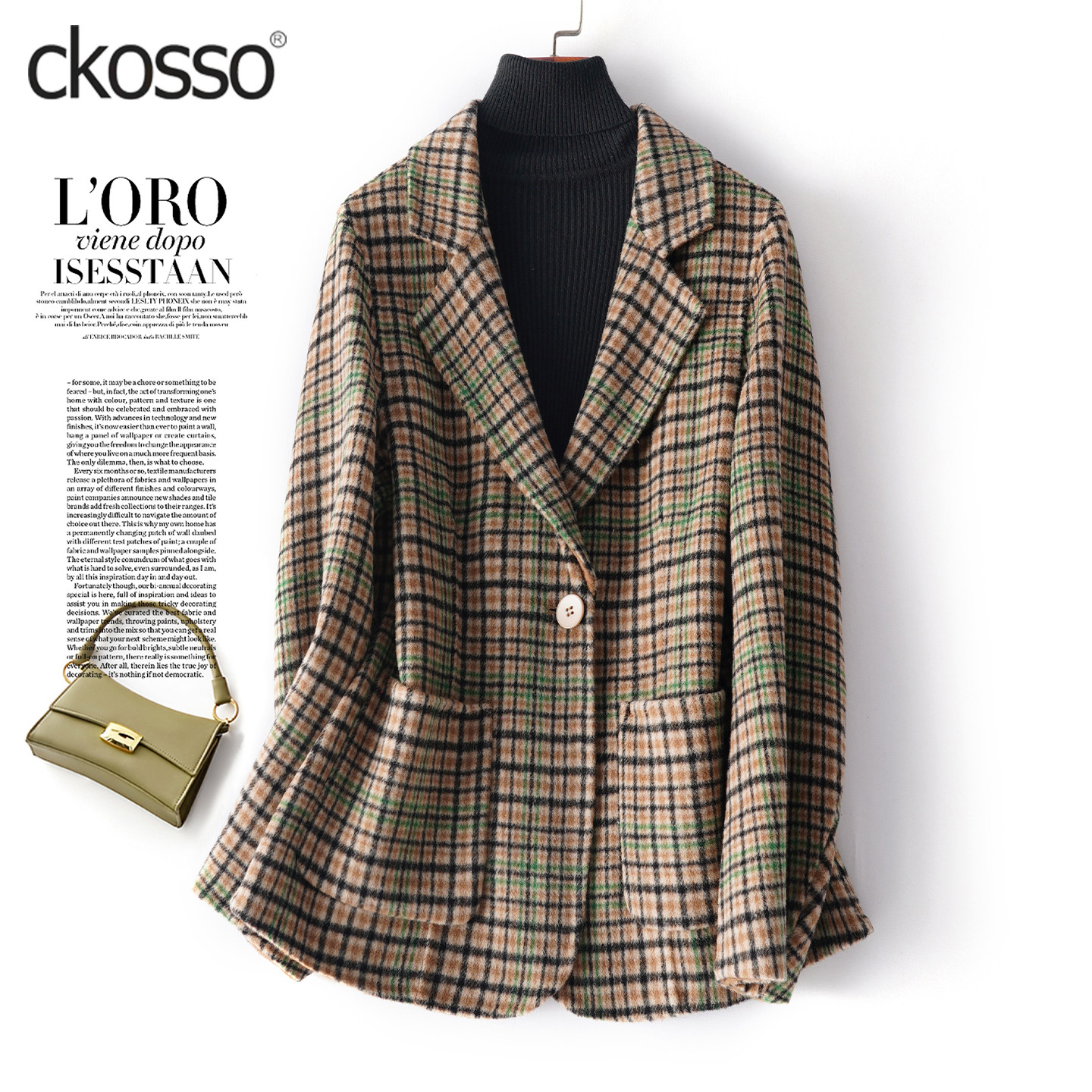 羊毛呢西服女短款格子修身气质加大码2026春季新款双面绒西装外套