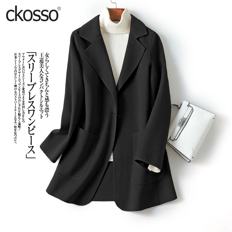 双面羊毛大衣女西服领黑色修身西装式呢子秋冬新款气质羊毛呢外套