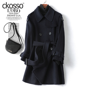 双面羊毛大衣女中长款小个子2025冬新款轻奢系带收腰羊毛呢子外套