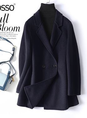 毛呢外套女中长款西装领藏青色气质双面呢子秋冬新款轻奢羊毛大衣