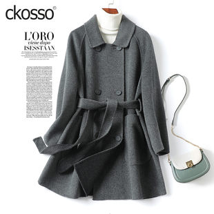 轻奢毛呢外套小个子 系带收腰双面呢春秋新款 羊毛大衣女中长款 韩版