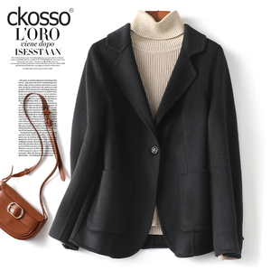 双面羊毛大衣女短款黑色西装领修身气质秋冬新款毛呢外套女小个子