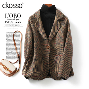 毛呢外套女西装短款修身千鸟格2025新款小个子韩版羊毛双面呢大衣