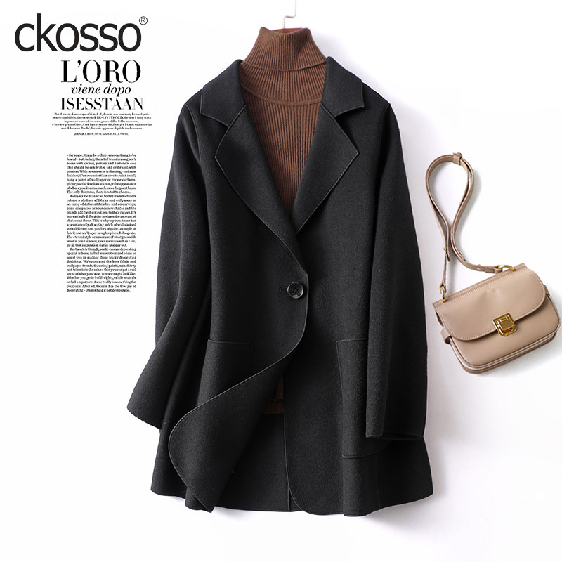 羊毛大衣女西服领黑色一粒扣修身西装式双面呢子秋冬新款毛呢外套
