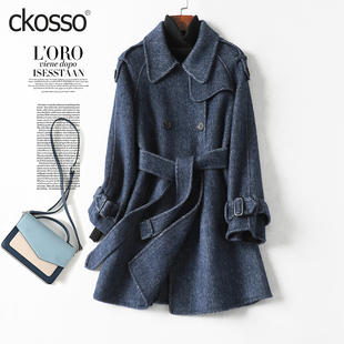 轻奢毛呢外套 小个子2026新款 双面羊毛大衣女中长款 人字呢系带韩版