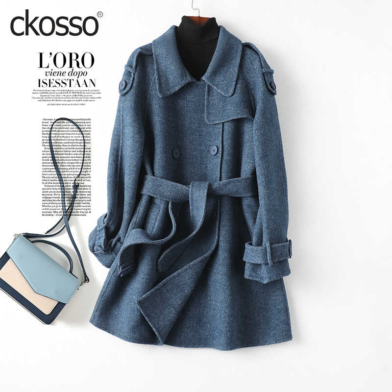 羊毛大衣女中长款系带收腰双面呢韩版小个子秋冬新款轻奢毛呢外套