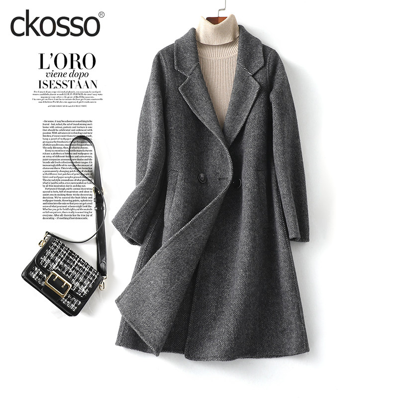 毛呢外套女中长款西装领修身气质人字纹2025新款轻奢双面羊毛大衣