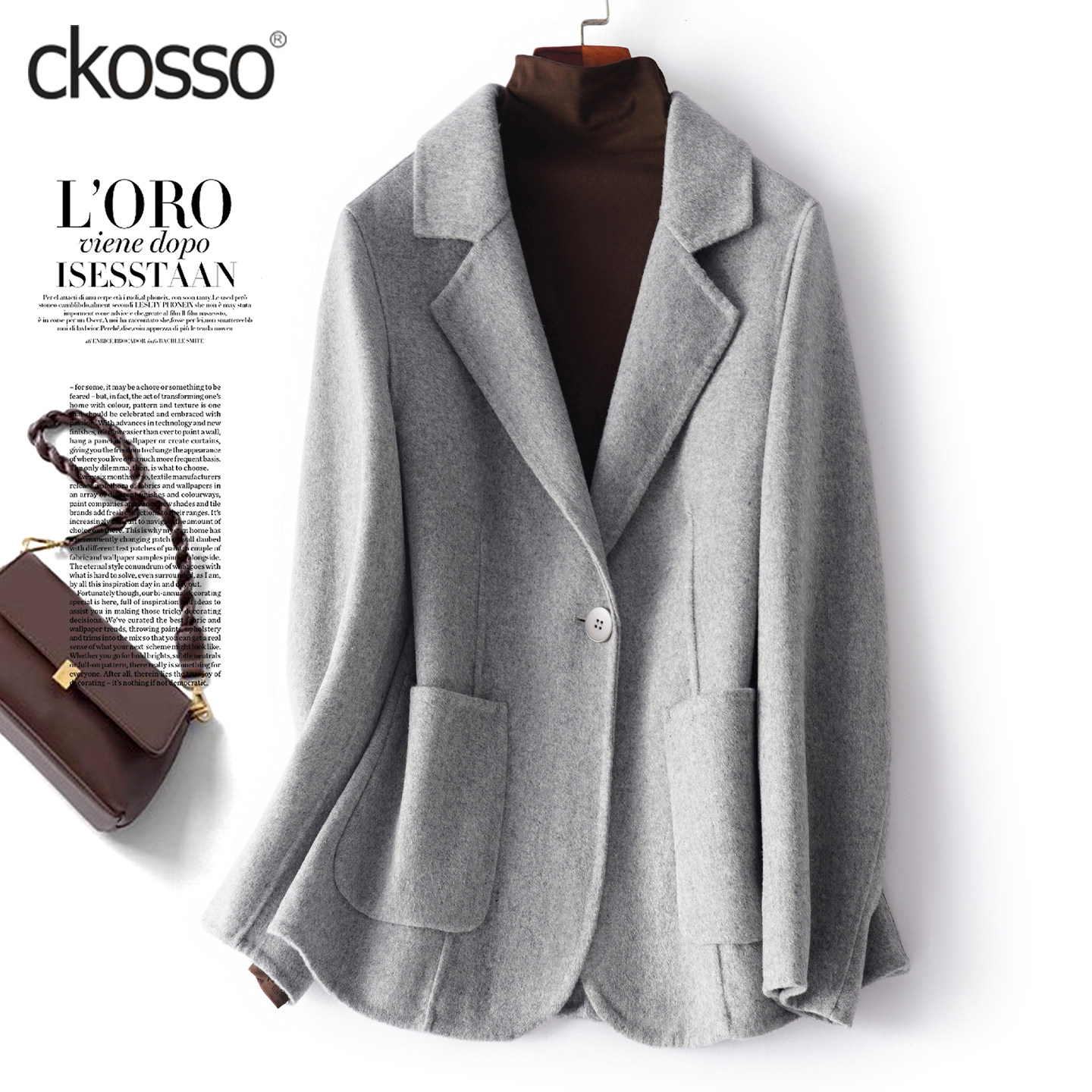 极简风毛呢西装外套女短款灰色修身气质2026新款双面绒大衣小个子