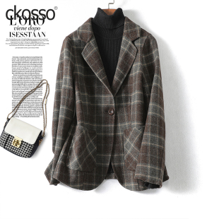 羊毛呢外套女士西装短款格子修身气质西服领秋冬新款双面羊毛大衣