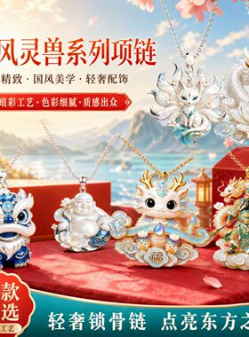网红珐琅彩国风灵兽龙凤吊坠项链