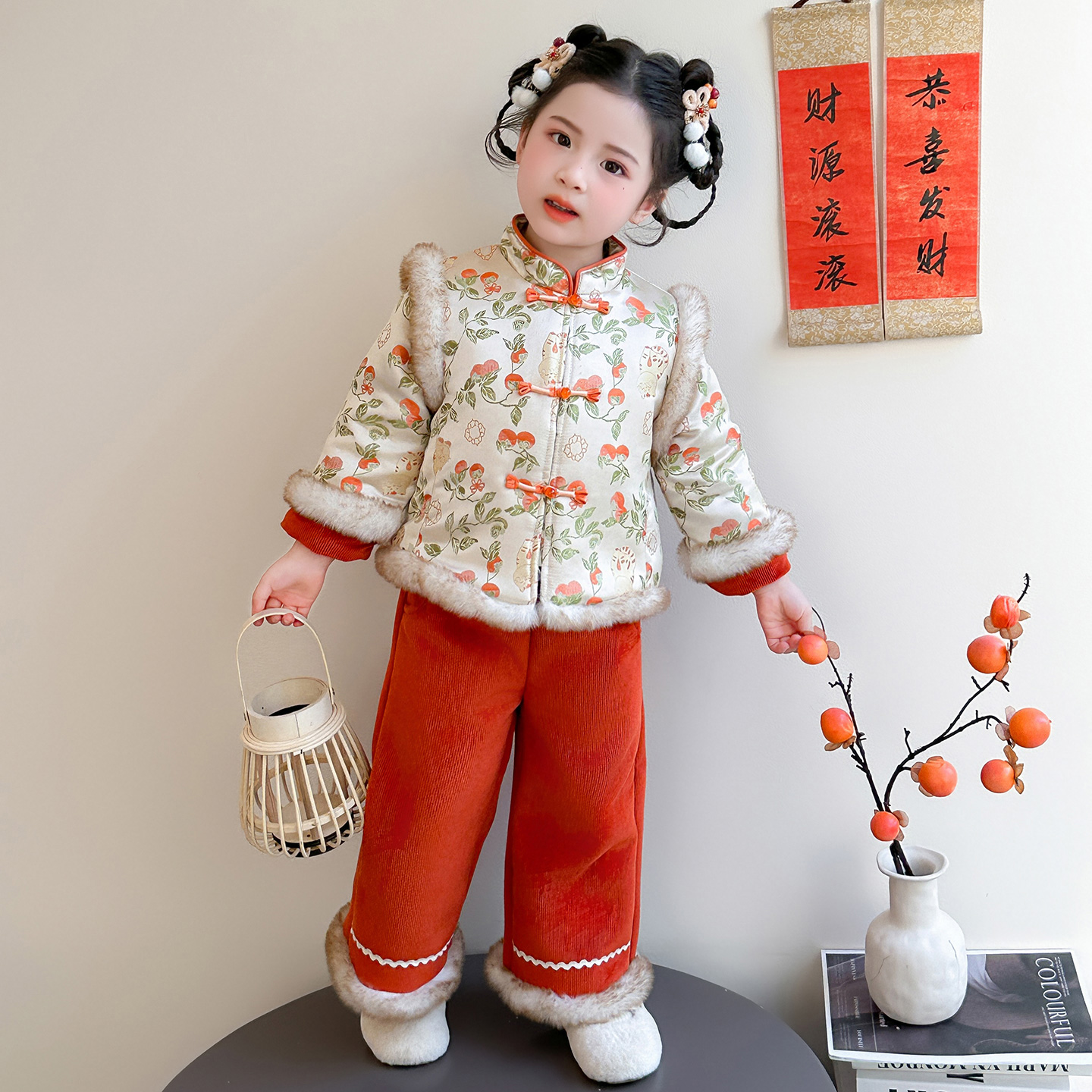 拜年服女童加绒加厚汉服两件套冬季儿童过年衣服宝宝公主新年衣服