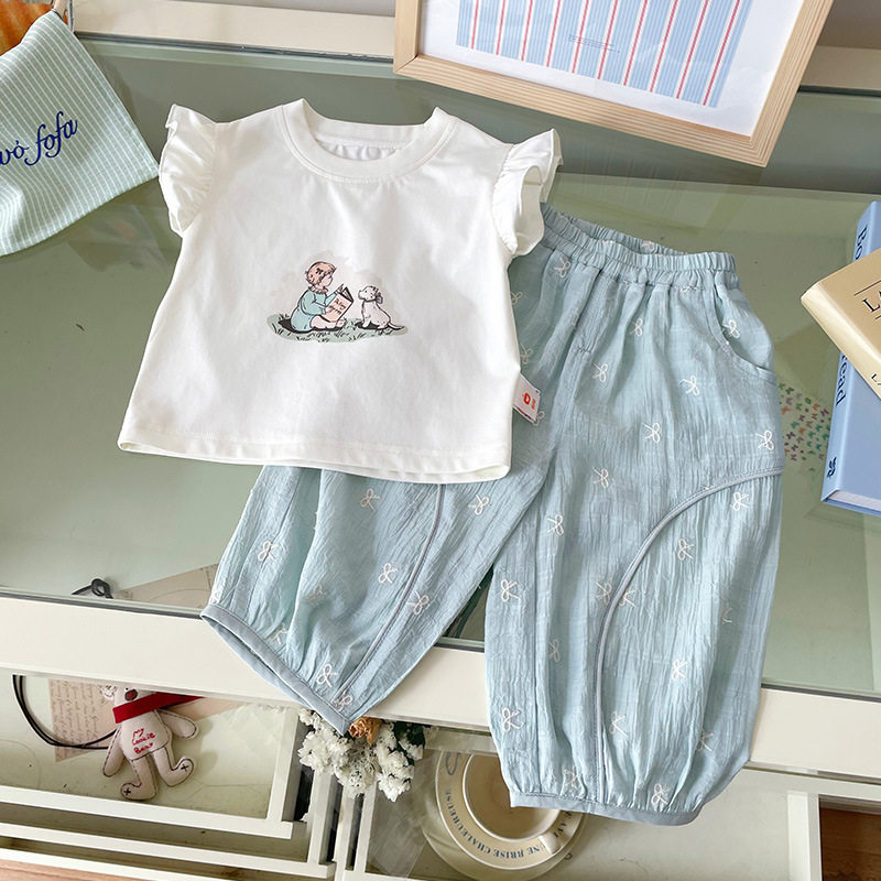 女童套装2025夏季新款宝宝两件套飞袖T恤刺绣裤子套装幼儿园百搭