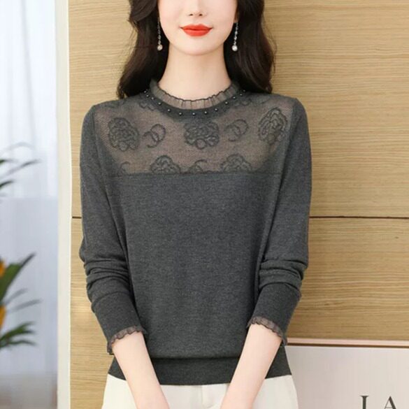 声雨竹清仓折扣秋装羊毛衫长袖T恤上衣女蕾丝洋气妈妈內搭打底衫