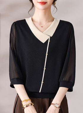 声雨竹折扣店2026新款7分袖上衣女桑蚕丝高端法式纱袖T恤大码小衫