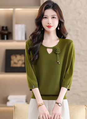 声雨竹折扣2026新款七分袖针织衫女T桑蚕丝圆领花朵洋气大码上衣