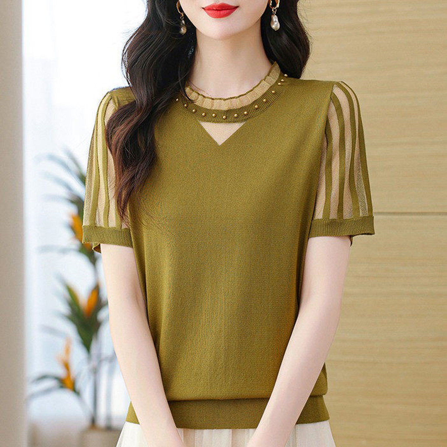 声雨竹清仓折扣26新款桑蚕丝短袖T恤女装夏季真丝洋气蕾丝上衣薄