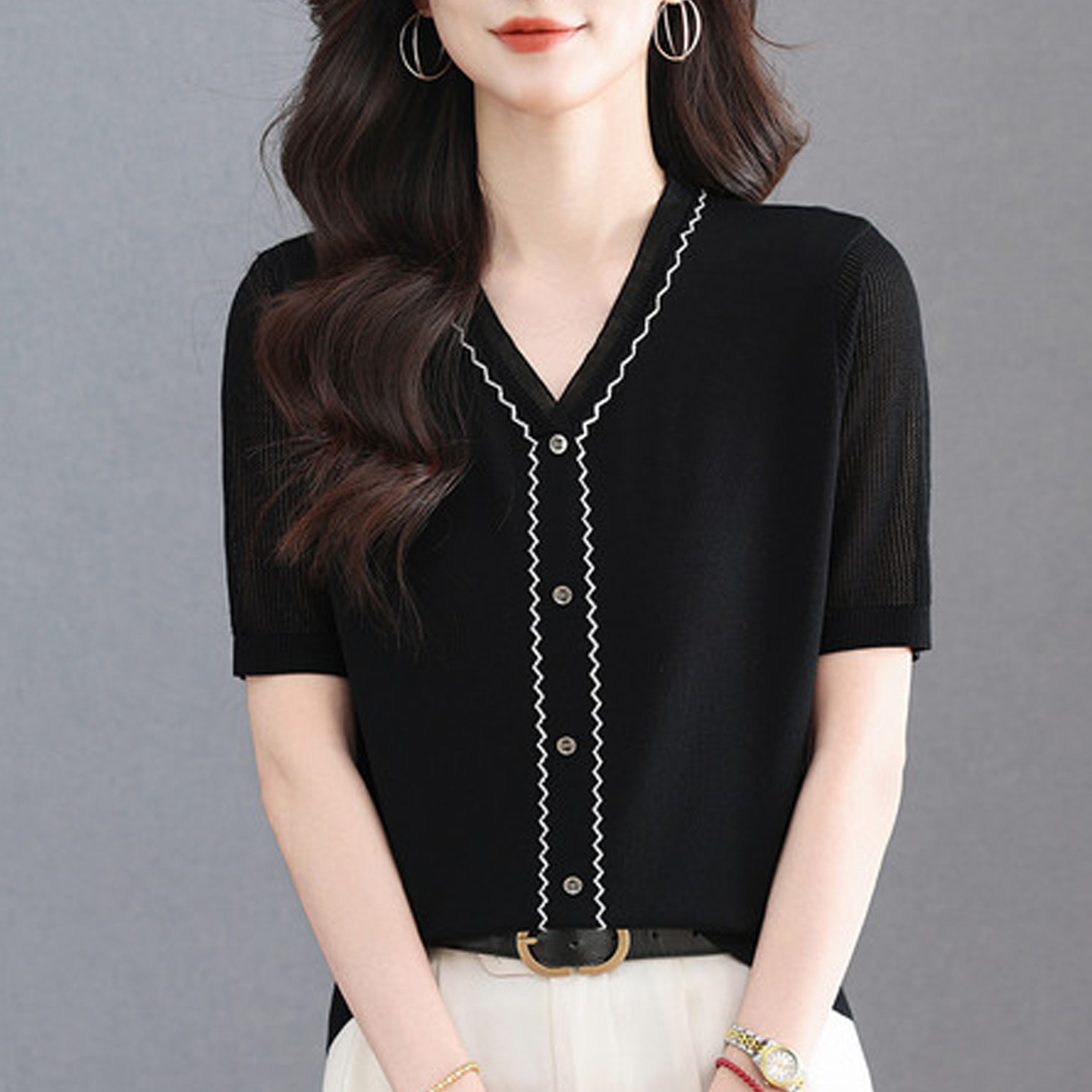 声雨竹26新款夏季桑蚕丝短袖T恤女高端真丝V领蕾丝边时尚宽松上衣