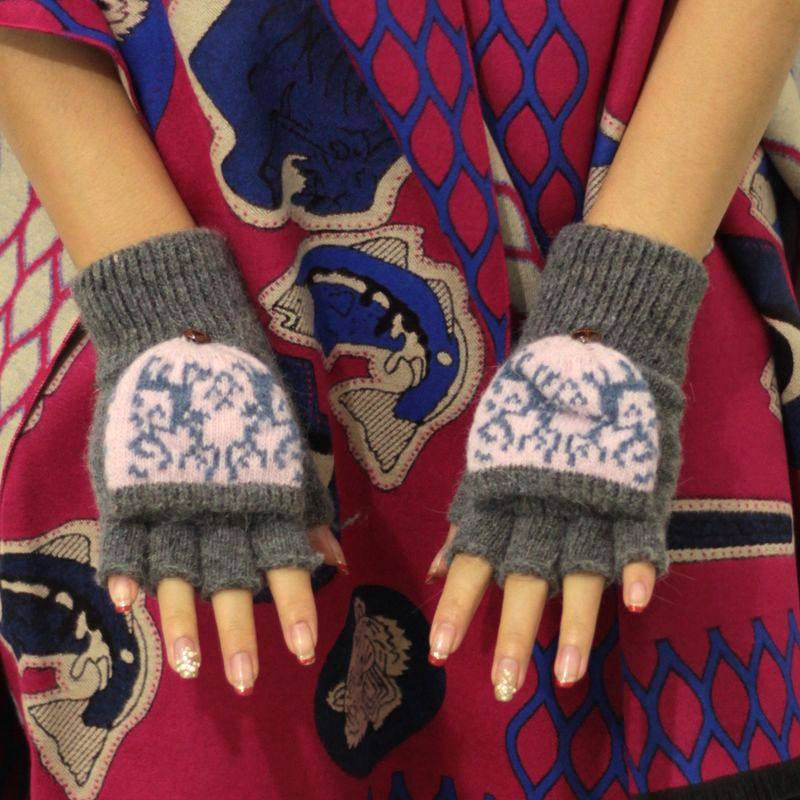 手套女冬翻盖两用羊毛手套卡通半指保暖手套 韩版可爱键盘手套女