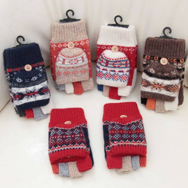 日本羊毛针织加绒加厚保暖冬季儿童学生写字翻盖半指手套男女小童