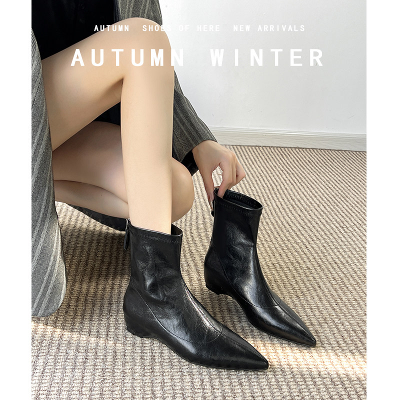 真皮内增高尖头短靴女2025新款低跟后拉链气质简约通勤弹力瘦瘦靴,女鞋,时装靴,淘宝优惠券,粉丝福利购,淘宝优惠卷