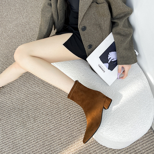 内增高尖头短靴女小个子粗跟法式绒面复古气质配裙子弹力瘦瘦靴子