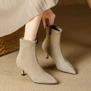 3cm法式短靴女尖头气质简约细跟小裸靴百搭侧拉链绒面弹力瘦瘦靴