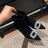 尖头瘦瘦靴女2025新款 秋冬黑色绒面细跟水钻百搭袜靴性感高跟短靴