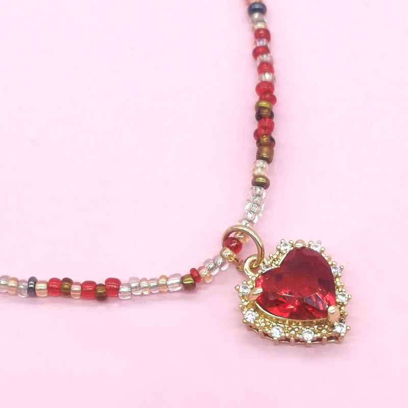 原创不掉色成人儿童亲子项链红色爱心宝石儿童项链水晶项链米珠链