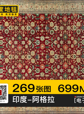 印度地毯阿格拉Agra植物花卉复古风格客厅房间地垫3d贴图纹理素材