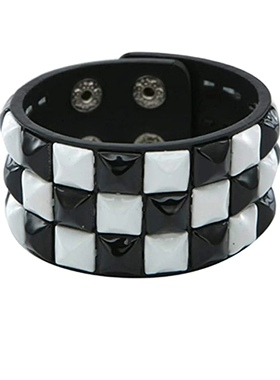 棋盘格黑白拼色鼓包方钉硬核朋克手环宽度3.8厘米