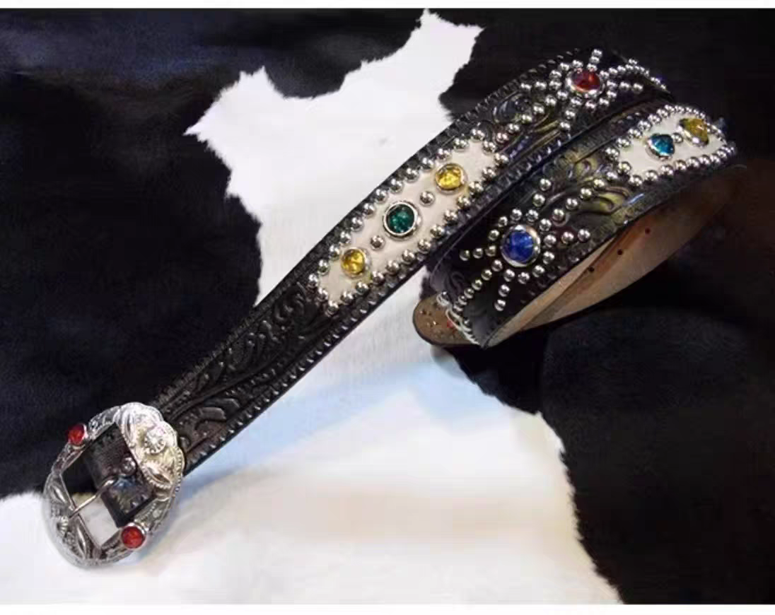 彩色宝石铆钉机车摇滚朋克风真皮腰带宽度3.8厘米