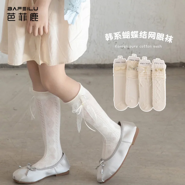 儿童袜子夏薄款中长筒女童小腿袜防下滑7岁小女孩蝴蝶结半腿裙袜