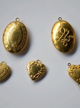 纯铜相片盒复古花纹合集爱心椭圆双吊环单吊环项链配件【照片盒1