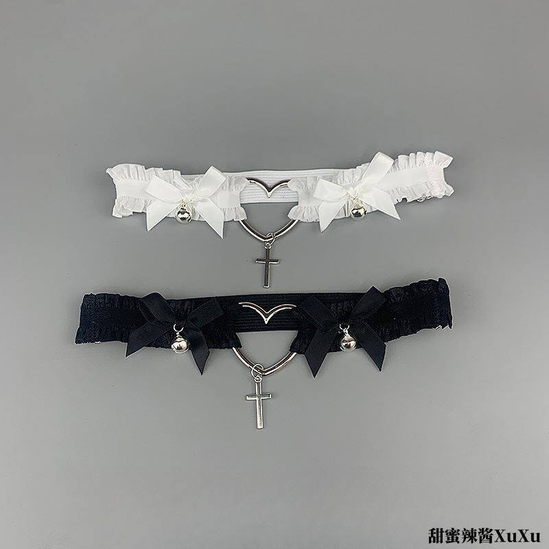 日本白色爱心形项链铃铛choker女锁骨链腿链大腿环项圈颈带配饰