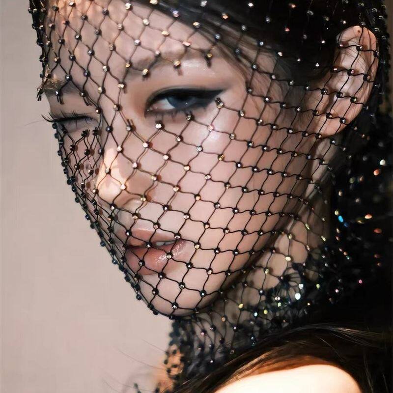 欧美风辣妹满钻面罩弹力黑色网格