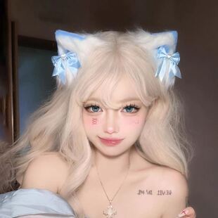 蓝色猫耳朵头饰女甜美Lolita漫展女仆发夹cos毛绒猫娘兽耳发饰卡