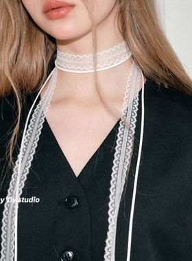 叠戴层次感蕾丝飘带细窄项链