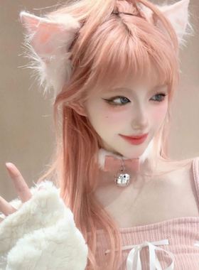 甜欲毛绒项链女铃铛choker项圈lolita猫耳朵配饰套装品尾假发发箍