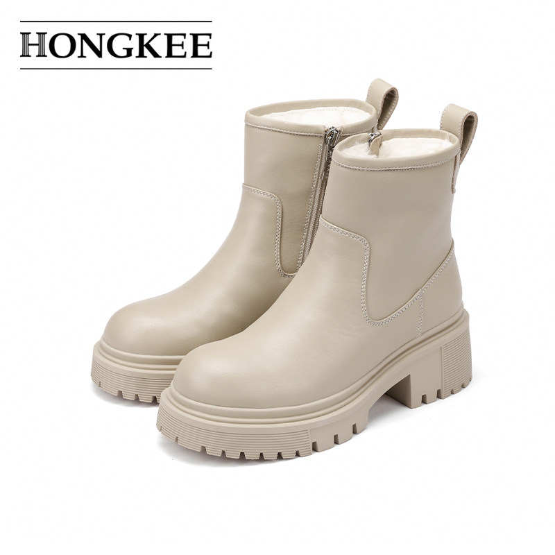 Hongkee/红科短靴冬季羊毛保暖棉靴厚底粗跟女靴H744D440