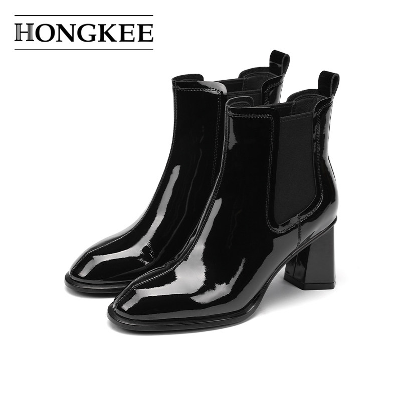 Hongkee/红科高跟短靴牛漆皮粗跟时尚女靴子H814D402