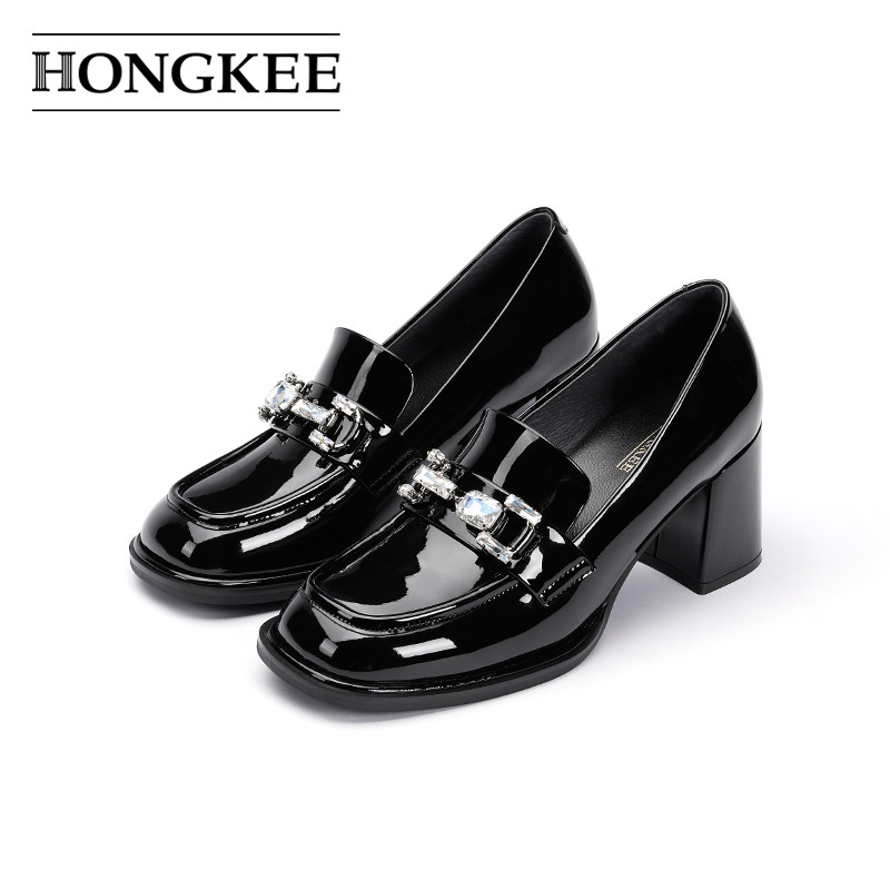 Hongkee/红科高跟鞋女2024春季新款乐福鞋粗跟通勤单鞋HA84S124
